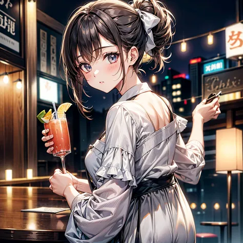 stylish bar、cute hairstyle（random）、cute outfits（random）、a girl drinking a cocktail、illumination