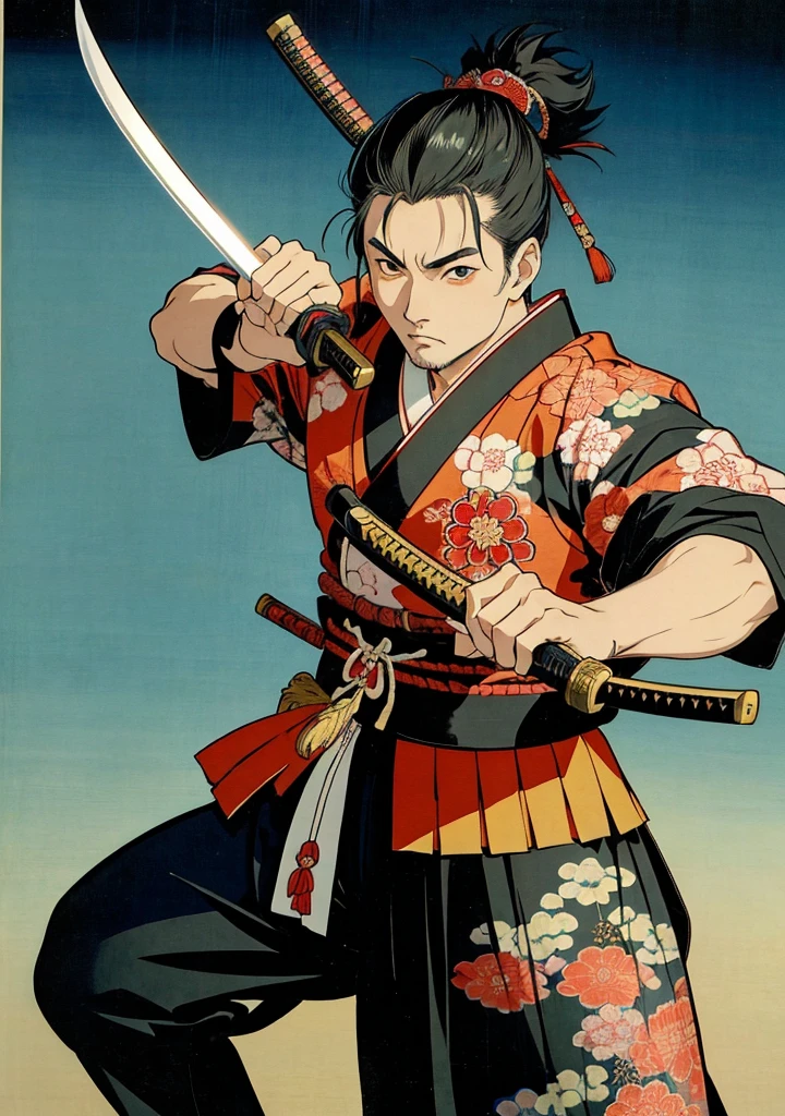 (top quality、Ukiyo-e style、japanese samurai with katana、official art)、(japanese samurai, japanese bushi with sword:1.3)、(Fractal art:1.3)、full body shooting、(samurai holding katana sword:1.2)、Set against the backdrop of traditional Japanese performing arts、rich and colorful、(reel、Belongs to Japanese style:1.2)