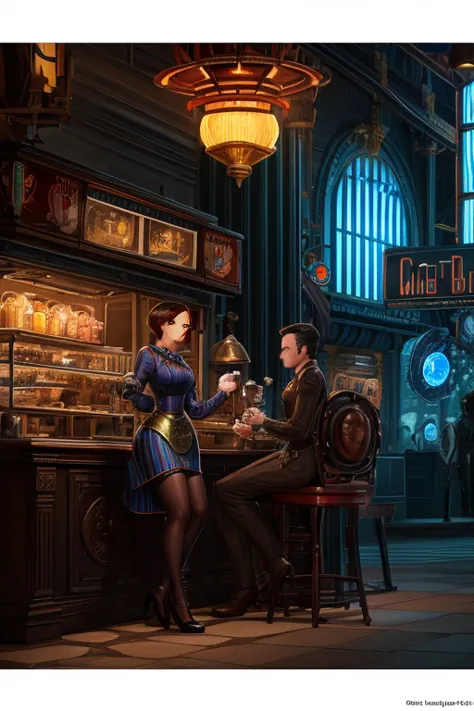 retrofuturistic bioshock infinite coffee shop, highly detailed coffee cups, highly detailed, cinematic lighting, 1900's aestheti...