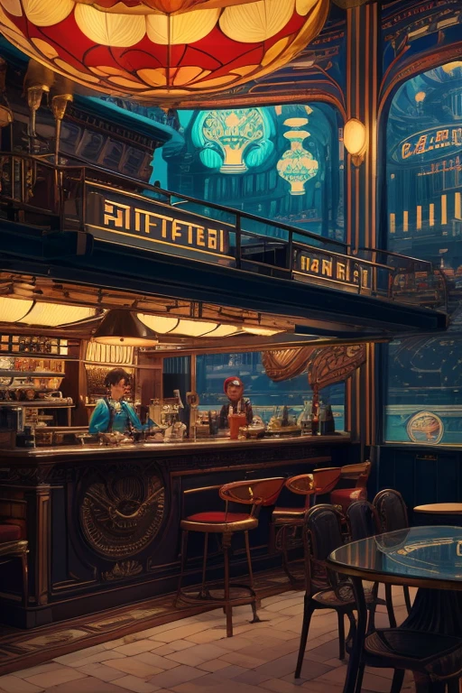 Retrofuturistic floating coffee shop, highly detailed coffee cups, highly detailed, cinematic lighting, 1900's aesthetic, people drinking coffee and donuts, patriotism, vibrant colors, brass and glass materials, art nouveau architecture, highly technical, stunning details, ultra-realistic, 8k, best quality