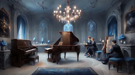 anime style mid-range room，elegant interior room, gorgeous decoration, central grand piano, elegant chandelier, soft lighting, f...