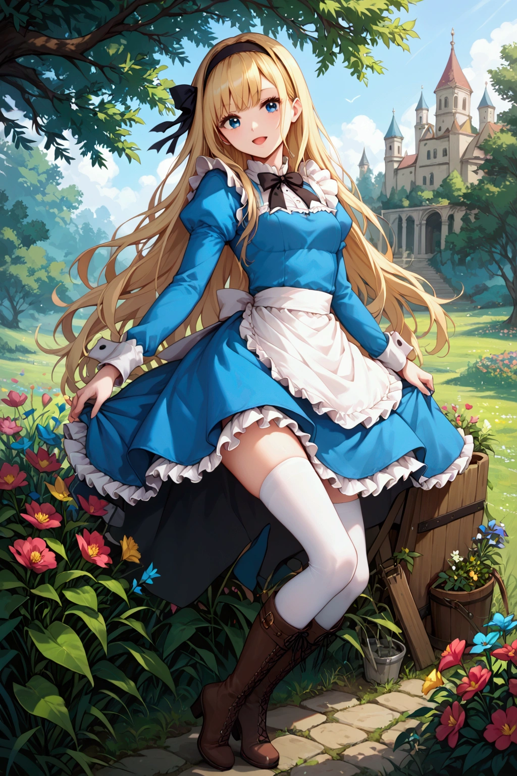 score_9, score_8_up, score_7_up, (masterpiece:1.2), (best quality:1.2), 1girl, solo, blonde hair, long hair, bangs, blue eyes, smile, faint lips, open mouth, alice in wonderland, aqua dress, frilled dress, apron dress, black ribbon, long sleeves, frilled sleeves, black headband, head ribbon, frilled skirt, white thighhighs, vertical-striped thighhighs, red striped, leg ribbon, brown boots, high heel boots, frilled boots, outdoors, flower, many flowers