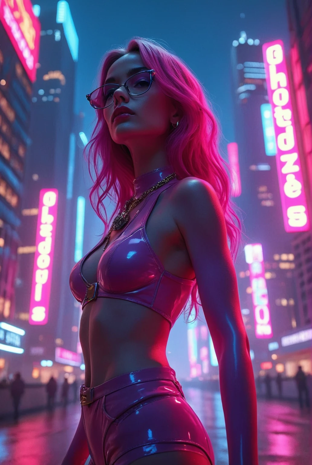 vibrant pink dyed hair, curly hair, shiny futuristic outfit, tight-fitting crop top, high-waisted shorts, gold choker necklace, bracelets, earrings, standing pose, slight side angle, looking into the distance, smooth skin, neon cityscape, bright colorful lights, urban environment, night-time, light from various neon signs, dramatic shadows, cool yet energetic atmosphere, mid-angle, shallow depth of field, well-lit exposure, no motion blur.