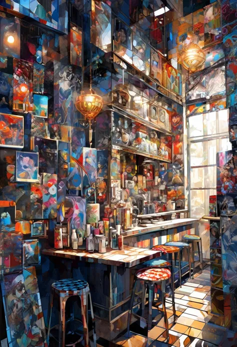 patchwork illustrations, conceptual installation art, graphic CG digital art, fusion of acrylic and collage paintings, high and fine artwork, cafe interior image, delicate and dynamic textures, contrasts of light and shadow, ultra detailed, absolutely resolution, best quality, horror style, anime style