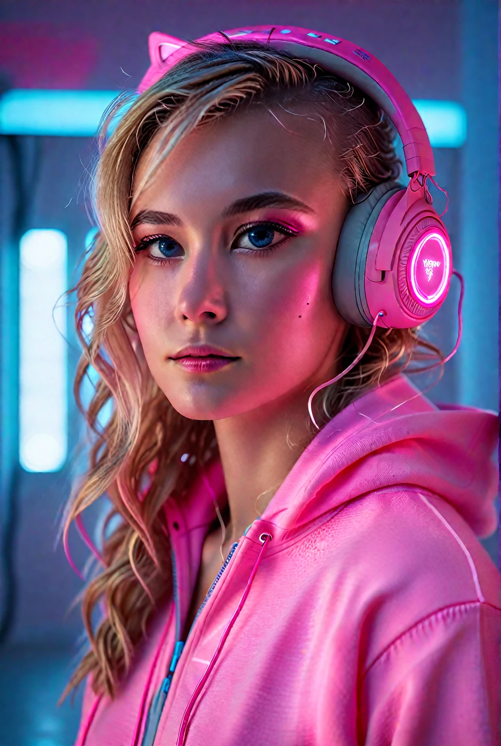 blonde wavy hair, wearing a bright pink LED hoodie, over-ear pink headphones, casual and futuristic vibe, looking down at something, indoor neon-lit environment, glowing blue and pink lights in the background, front view, close-up shot, well-placed lighting creating vibrant and dynamic ambiance.