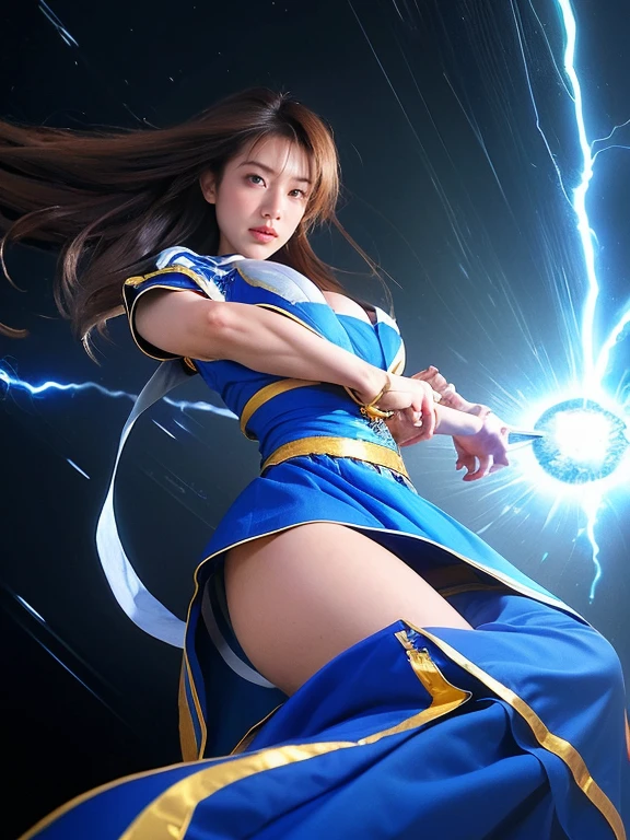 ((Highest quality、8k、masterpiece:1.3))、Realistic, Sharp focus, High resolution, High resolution,, One person, Full body photography、Japanese, Beautiful woman,Big Breasts、blue royal dress,Gold Edge、Release of power、Bursting energy、Wrapping Lightning Around Your Body、,kamehameha