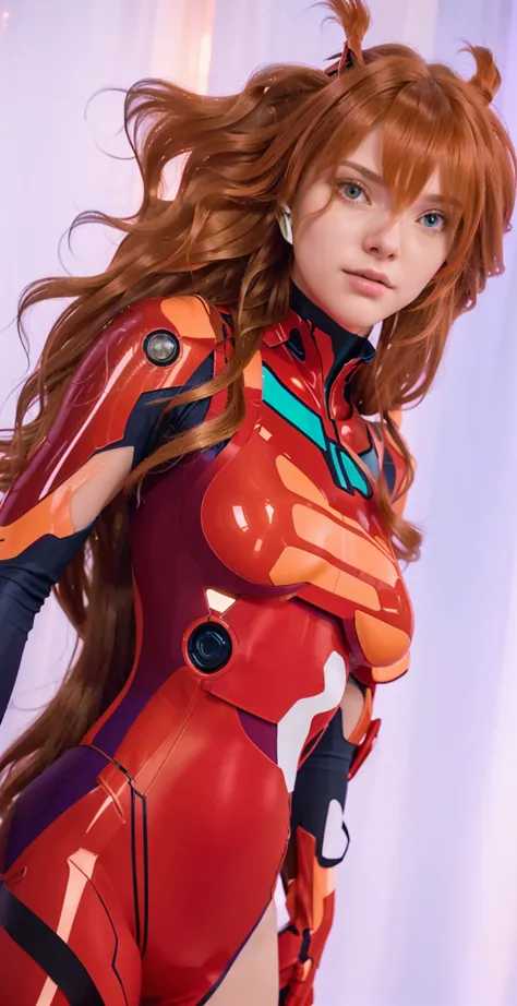 long wavy hair, red and orange form-fitting bodysuit, futuristic design, standing pose, looking into the distance, animated char...