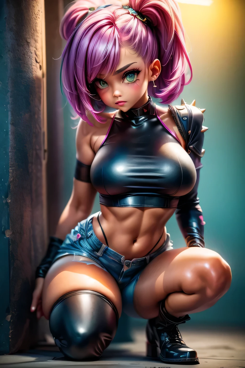 ((Best Quality)), ((Masterpiece)), (Detailed: 1.4), (Absurd), Depiction of a beautiful, urban girl with an edgy, punk-inspired style. She has a confident and captivating presence with striking facial features, including high cheekbones, a bold gaze, and a stylish, tousled hairstyle. Her hair is styled in an edgy bob, such as

She is dressed in a sexy and stylish urban punk outfit that includes a tight-fitting leather jacket with studs or metal spikes, paired with a graphic band t-shirt or crop top. Her outfit features ripped skinny jeans or high-waisted shorts with fishnet tights underneath, giving

Her footwear consists of chunky combat boots or ankle boots with thick soles, and she may also have some bold tattoos or piercings, such as an eyebrow piercing or a nose ring. The background is a gritty urban setting, perhaps with graffiti-covered walls, neon signs, or an industrial environment, highlighting the ove, by mucha, niji --V5, near-real, sexy pose, fractal background, pastel, centered, scale to fit dimensions, HDR (High Dynamic Range), Ray Tracing, NVIDIA RTX, Super Resolution, Unreal 5, Subsurface Scattering, PBR Texture, Post-processing, anisotropic filtering, depth of field, maximum clarity and sharpness, multi-layer textures, albedo and specular maps, surface shading, accurate simulation of light-material interaction, perfect aspect ratio, octane rendering, two-tone lighting, wide aperture, low ISO, white balance, rule of thirds, 8K RAW, Crysisnanosuit