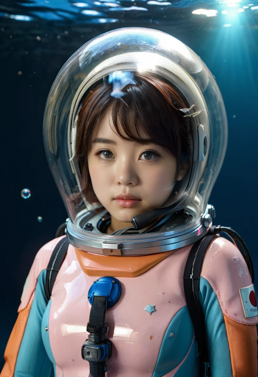 (8k, RAW photo, best quality, masterpiece), (photorealistic), outstanding details, ultra-high resolution, anatomically correct, textured skin, (Extremely precise and accurate anatomy), (wide lens effect), (Cute Japanese girl , 20-year-old), eva helm, bodysuit, space helmet, bubble helmet, underwater, spacesuit