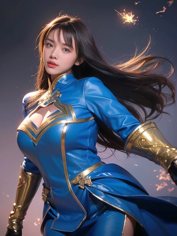 ((Highest quality、8k、masterpiece:1.3))、Realistic, Sharp focus, High resolution, High resolution,, One person, Full body photography、Japanese, Beautiful woman,Big Breasts、blue royal dress,Gold Edge、Release of power、Bursting energy、Wrapping Lightning Around Your Body、,kamehameha