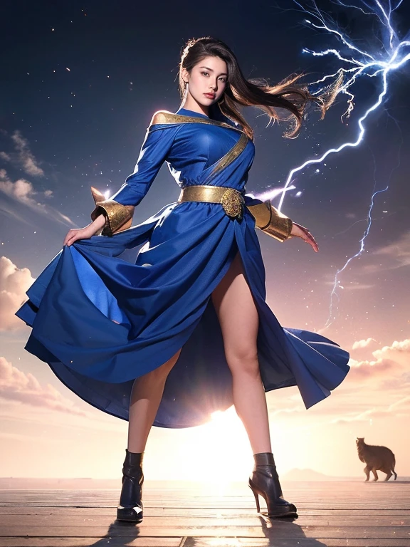 ((Highest quality、8k、masterpiece:1.3))、Realistic, Sharp focus, High resolution, High resolution,, One person, Full body photography、Japanese, Beautiful woman,Big Breasts、blue royal dress,Gold Edge、Release of power、Bursting energy、Wrapping Lightning Around Your Body、,kamehameha