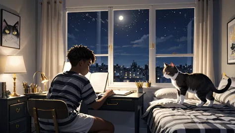 black teen studying at a desk by a window, at night, frontal shot bed room interior, bed half made with two cats, one gold, and ...