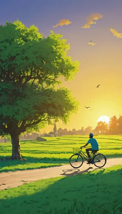 draw a simple tintin style art a green ground and a bicycle with a man sitting on the ground and a sunset in the village that on...