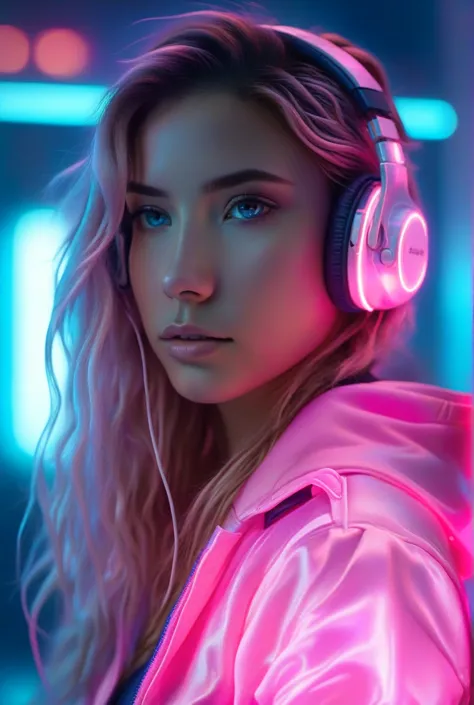 long wavy hair, shiny pink jacket, headphone, relaxed pose, looking into the distance, smooth skin, indoor, neon lights, bright ...