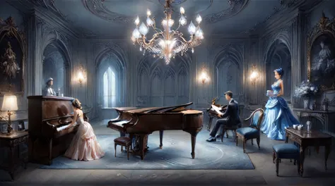 anime style mid-range room，elegant interior room, gorgeous decoration, central grand piano, elegant chandelier, soft lighting, f...