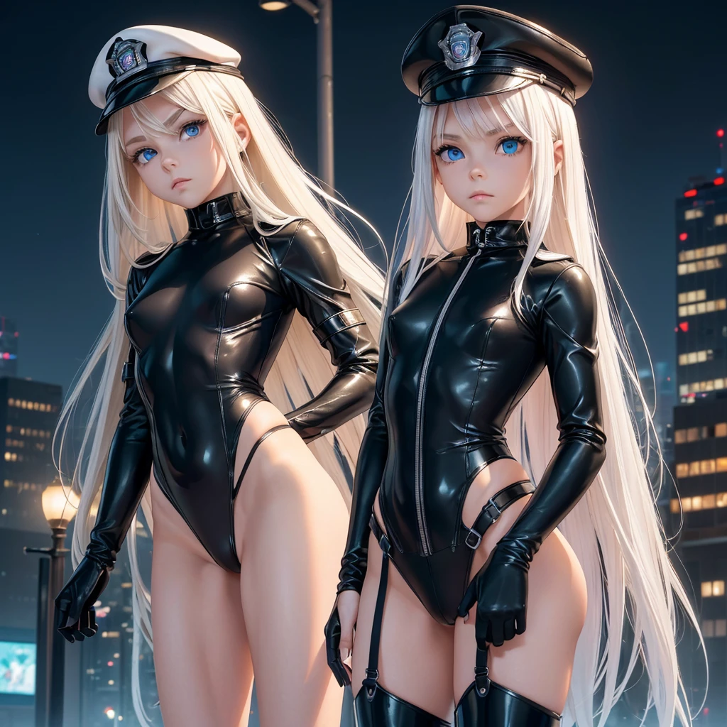 (Little Girl.Cosplay.he is short.Beautiful white skin.Big eyes.Lean, muscular body.Platinum blonde hair color.Long Straight Hair.Beautiful blue eyes.Thin eyebrows.Dark eyeshadow.Very small breasts.Very thin chest.Narrow waist.Skin is radiant).(Sexy see-through black police uniform.Black thong panties.Black boots with belts.Uniform cap).(Futuristic City.Late night city.Sidewalk.Are standing.Pointing here.Serious expression)Perfect Face.Accurate human body.Accurate five fingers.High resolution.It&#39;s dynamic.Whole body image.Looking up from the thighs