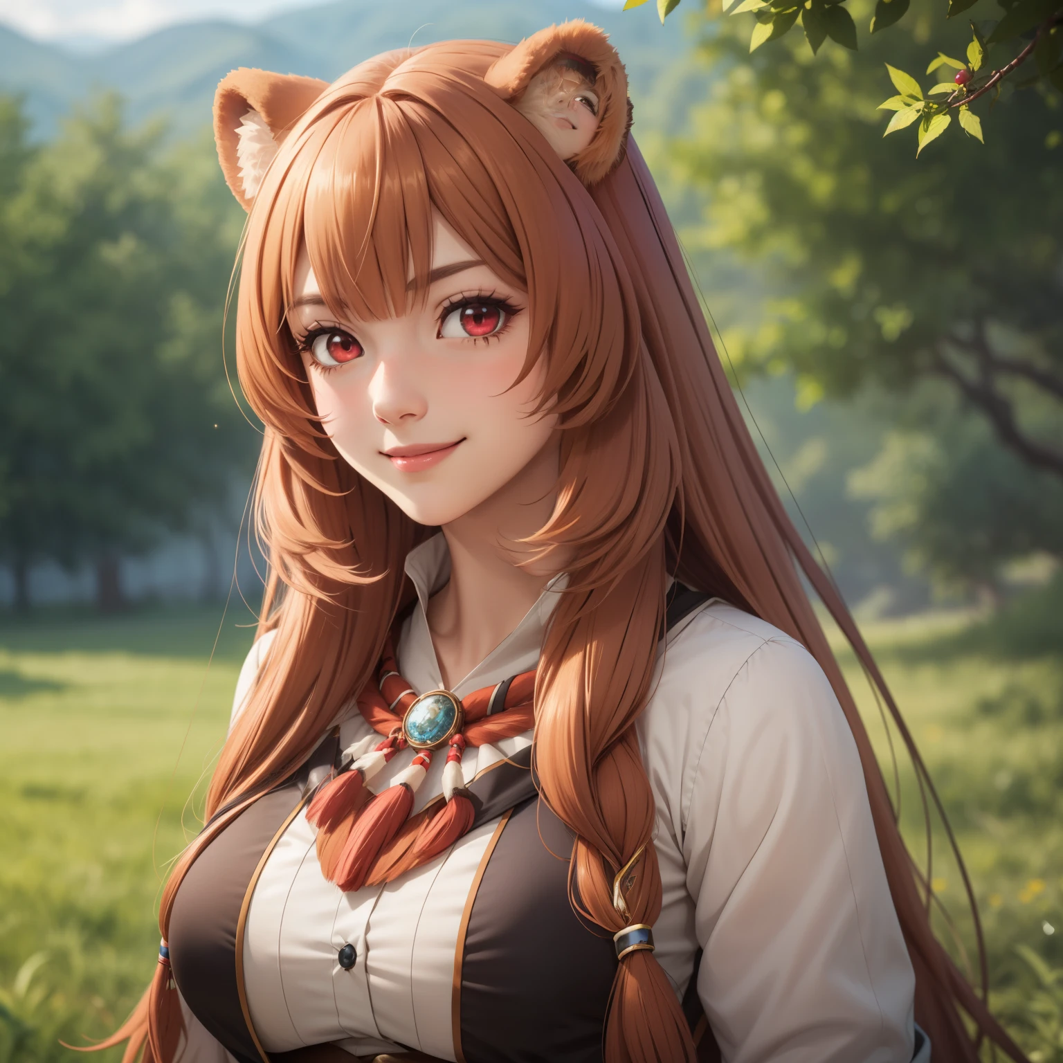 Raphtalia woman ,bright orange hair , bear ears, red eyes like rubies, big breasts, smile,, ,native american(wild Indian native American: