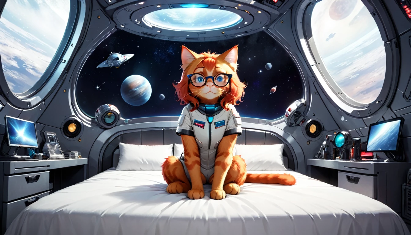 a red cat, with glasses on, sitting on a bed in a spaceship bedroom, frontal shot spaceship interior, in space, big window in the center of the room