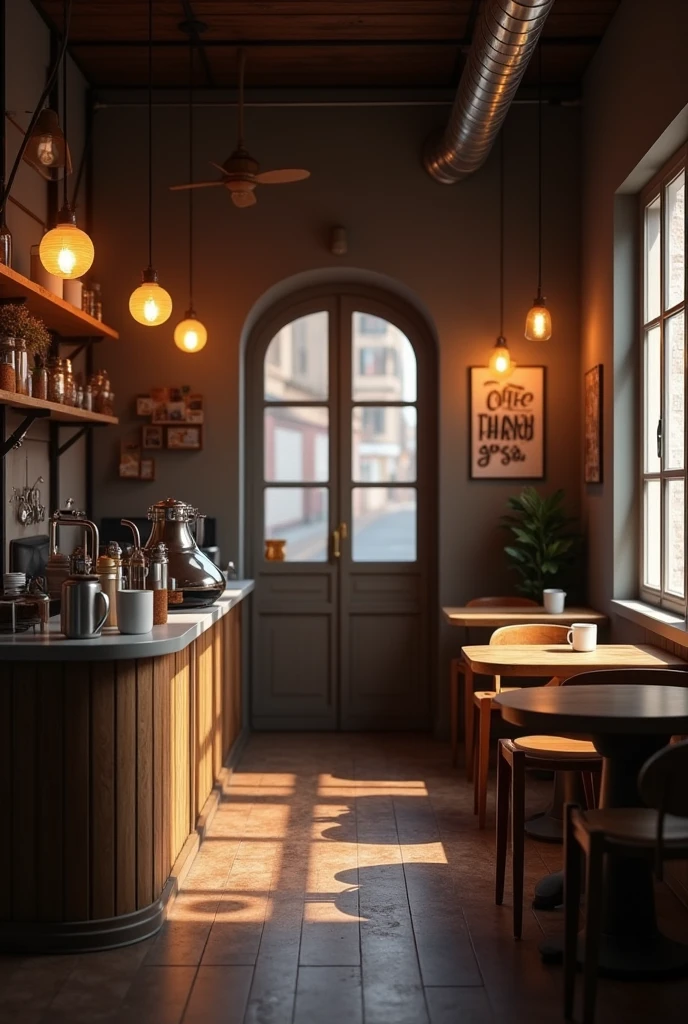 Small coffee shop,Indirect lighting equipment,A little dim,Chic woodgrain,Classical music playing,The aroma of coffee,
３Seat counter,２Pair of tables,The small wall menu reads:５The items are listed,
"Thanks guys"A poster with the words,
(Photorealistic),
(Highest quality,4K,8k,High resolution,masterpiece:1.2),Super detailed,
Dramatic lighting,Extremely detailed depiction,professional,Cinematic lighting,
