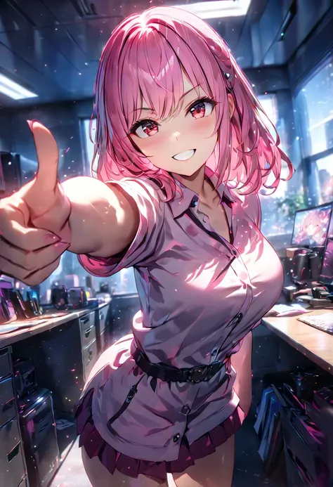 illustration, anime, pink slime girl, bubbly grin, pointing at viewer, monster girl 1girl, cinematic lighting, masterpiece, offi...