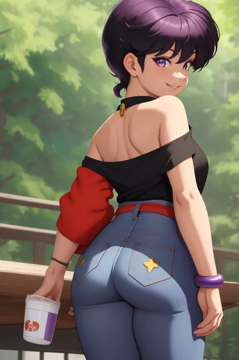 masterpiece, best quality, from behind, (bracelet:1.000), (female ranma saotome), (black hair:0.987), (purple eyes:0.976),(solo:...