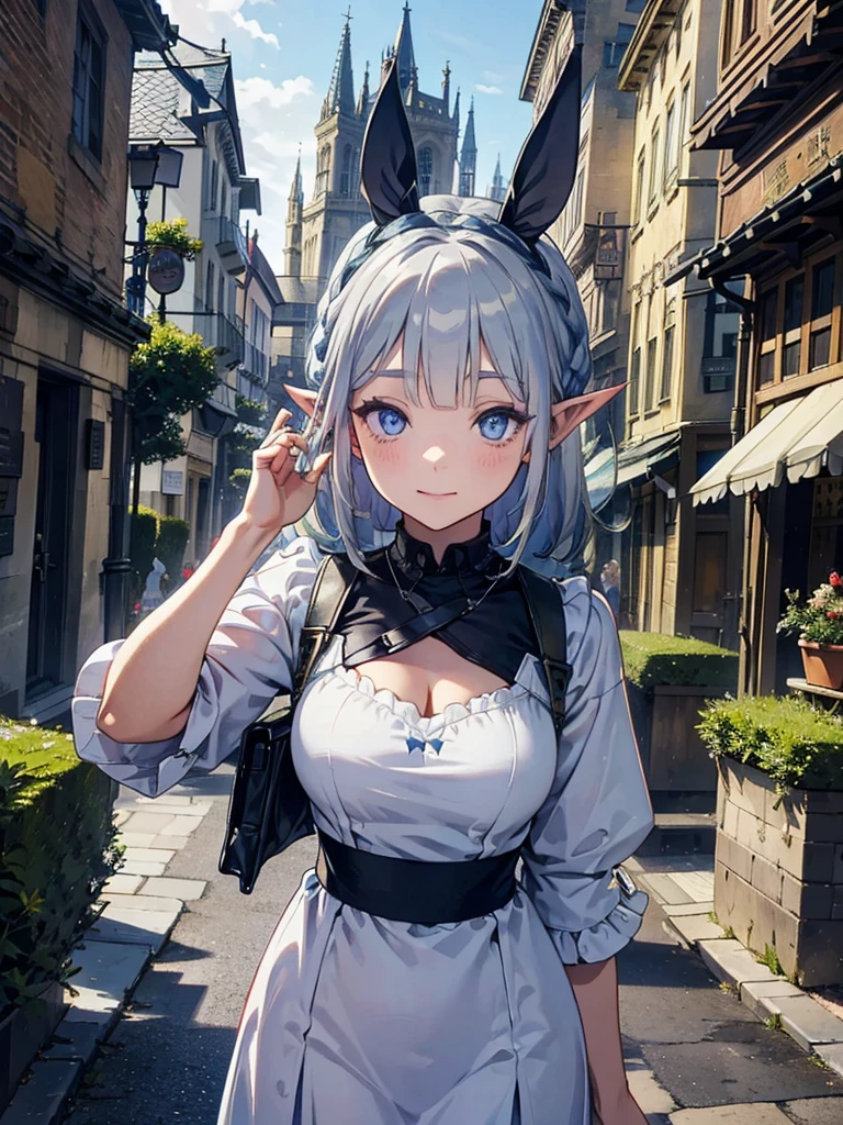 The cathedral overlooks the city、Medieval streetscape,wide roadway、Pointy Ears、Fairy、blue eyes、Green casual wear、Long eyelashes、Short silver braided hair