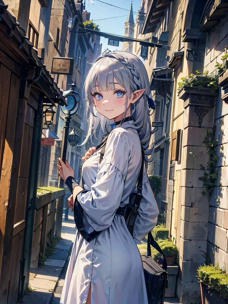 The cathedral overlooks the city、Medieval streetscape,wide roadway、Pointy Ears、Fairy、blue eyes、Green casual wear、Long eyelashes、Short silver braided hair