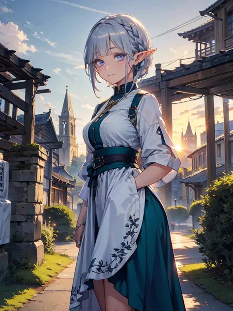 the cathedral is in the background、medieval cityscape at sunset,　wide road、pointed ears、elf、blue eyes、green casual clothing、long...