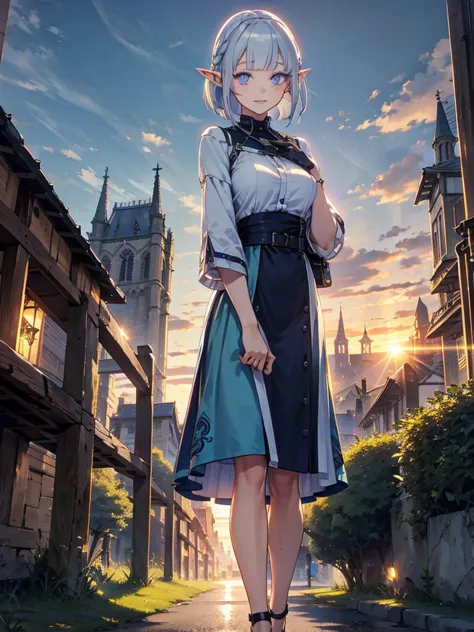 the cathedral is in the background、medieval cityscape at sunset,　wide road、pointed ears、elf、blue eyes、green casual clothing、long...