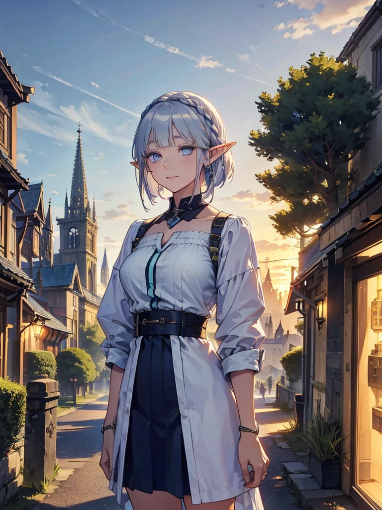 The cathedral is in the background、Medieval cityscape at sunset,　Wide Road、Pointed Ears、Elf、blue eyes、Green casual clothing、Long eyelashes、Silver braided short hair