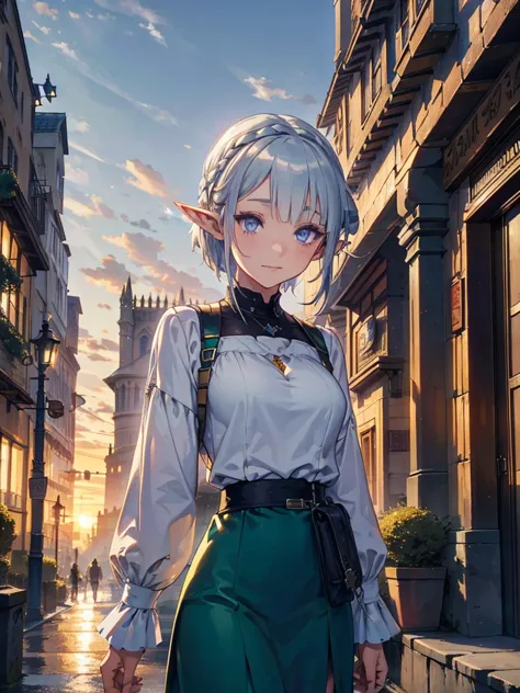 the cathedral is in the background、medieval cityscape at sunset,　wide road、pointed ears、elf、blue eyes、green casual clothing、long...