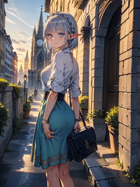 the cathedral is in the background、medieval cityscape at sunset,　wide road、pointed ears、elf、blue eyes、green casual clothing、long...