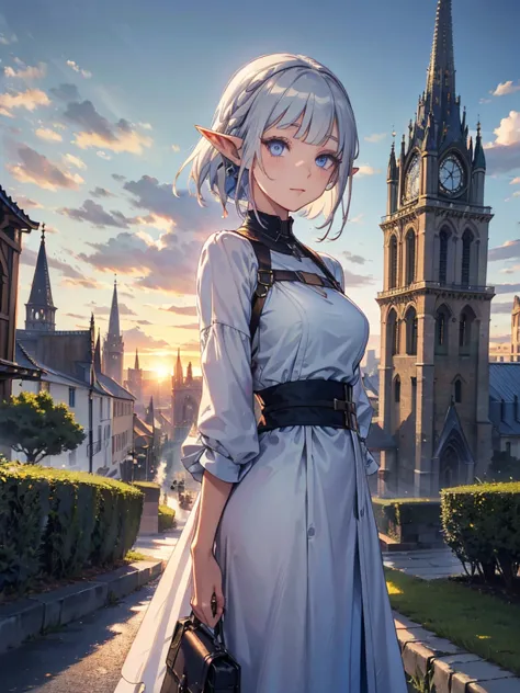 the cathedral is in the background、medieval cityscape at sunset,　wide road、pointed ears、elf、blue eyes、green casual clothing、long...