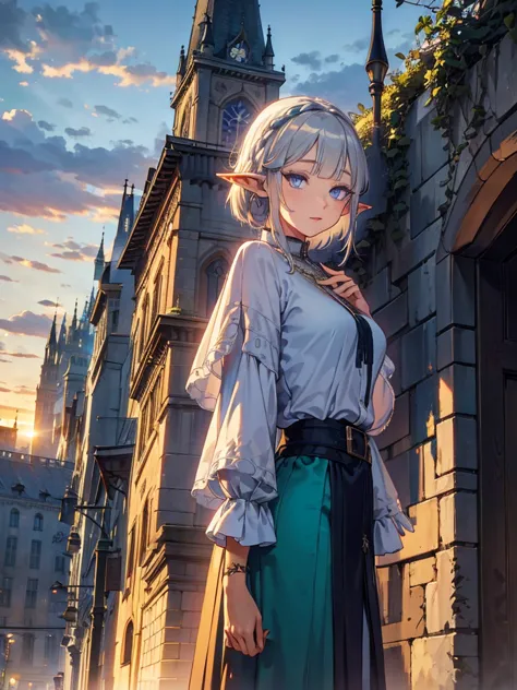 the cathedral is in the background、medieval cityscape at sunset,　wide road、pointed ears、elf、blue eyes、green casual clothing、long...