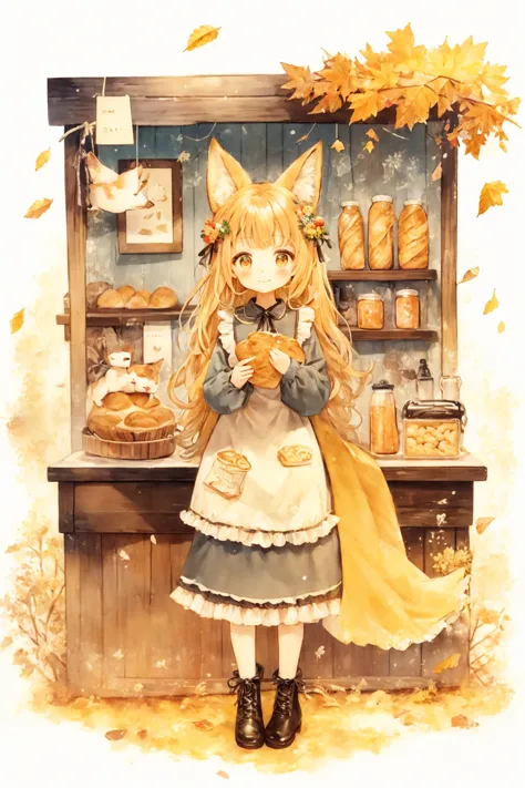 fox girl, smile, straight long hair, floral hair accessories, wearing an apron, black frilly dress, black boots, with bread, are...