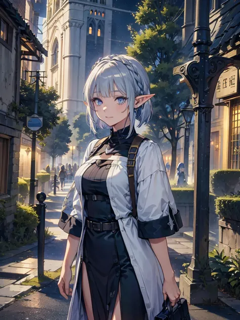 the cathedral is in the background、medieval cityscape at night,　wide road、pointed ears、elf、blue eyes、green casual clothing、long ...