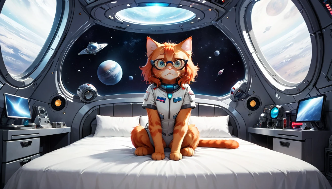 a small red cat, sitting on a bed in a spaceship bedroom, frontal shot spaceship interior, in space, one big window in the center of the room