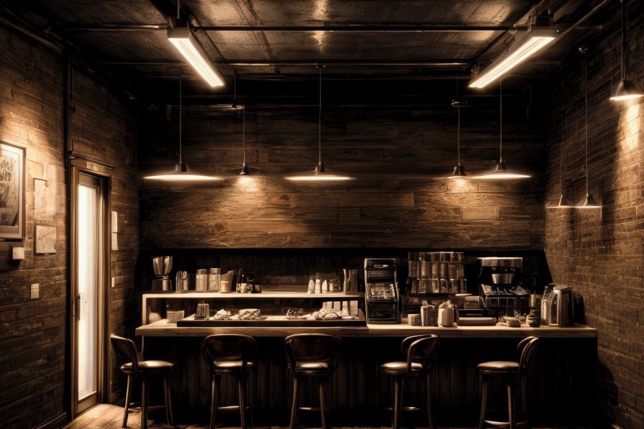 Small coffee shop,Indirect lighting equipment,A little dim,Chic woodgrain,Classical music playing,The aroma of coffee,
３Seat counter,２Pair of tables,The small wall menu reads:５The items are listed,
The poster reads:"Thanks guys"it is written like this,
(Photorealistic),
(Highest quality,4K,8k,High resolution,masterpiece:1.2),Super detailed,
Dramatic lighting,Extremely detailed depiction,professional,Cinematic lighting,
