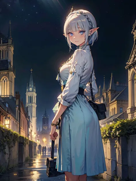 the cathedral is in the background、medieval cityscape at night,　wide road、pointed ears、elf、blue eyes、green casual clothing、long ...