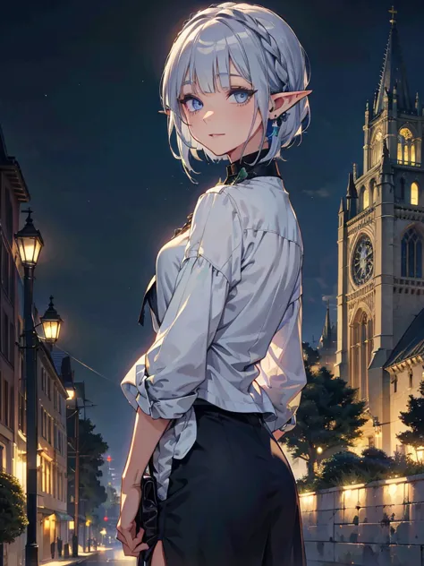 the cathedral is in the background、medieval cityscape at night,　wide road、pointed ears、elf、blue eyes、green casual clothing、long ...