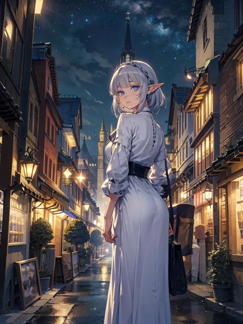 the cathedral is in the background、medieval cityscape at night,　wide road、pointed ears、elf、blue eyes、green casual date outfit、lo...