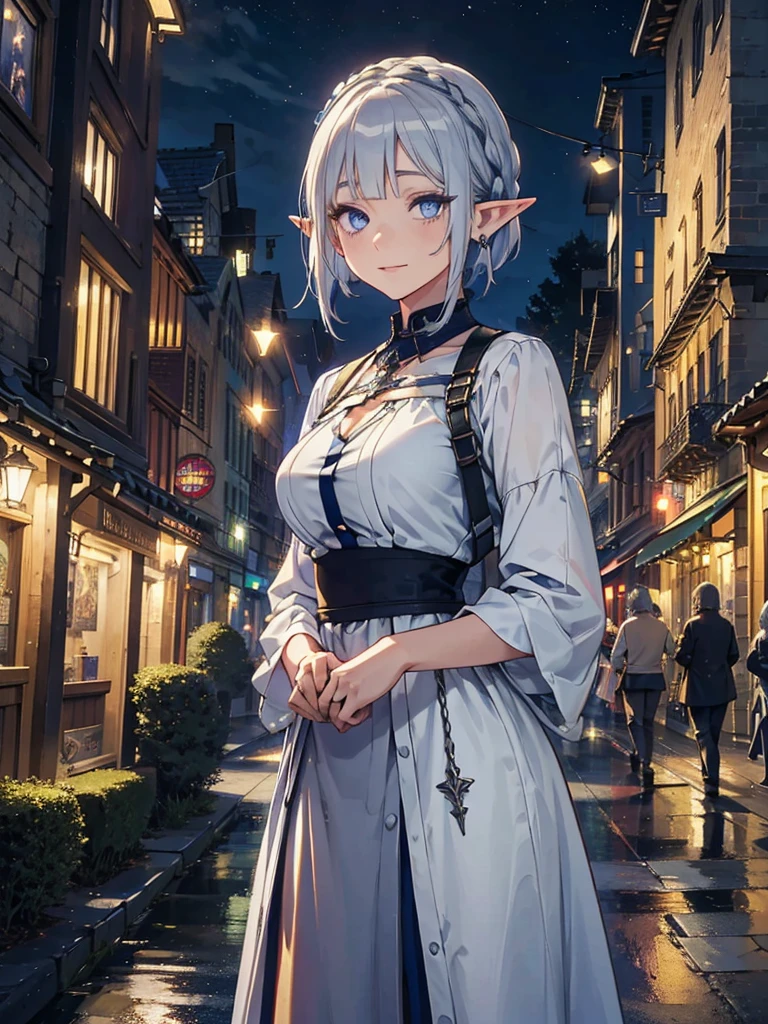 The cathedral is in the background、Medieval cityscape at night,　Wide Road、Pointed Ears、Elf、blue eyes、Green casual clothing、Long eyelashes、Silver braided short hair