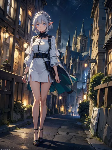 the cathedral is in the background、medieval cityscape at night,　wide road、pointed ears、elf、blue eyes、green casual clothing、long ...