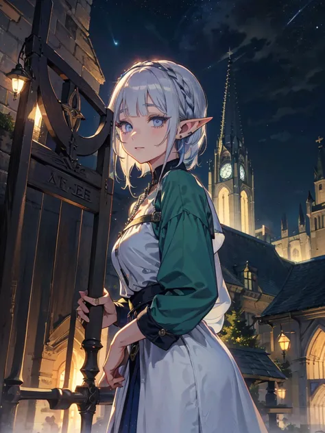 the cathedral is in the background、medieval cityscape at night,　wide road、pointed ears、elf、blue eyes、green casual clothing、long ...