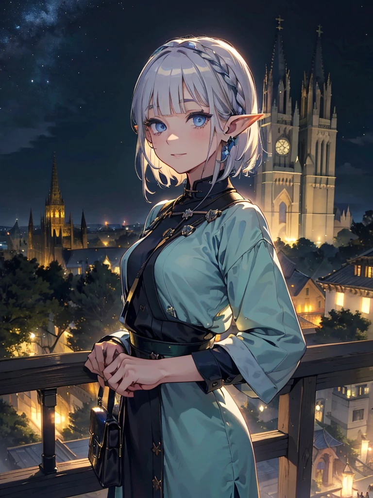 The cathedral is in the background、Medieval cityscape at night,　Wide Road、Pointed Ears、Elf、blue eyes、Green casual clothing、Long eyelashes、Silver braided short hair