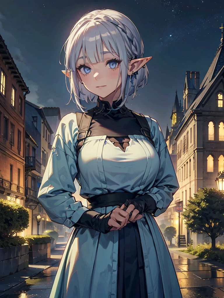 The cathedral is in the background、Medieval cityscape at night,　Wide Road、Pointed Ears、Elf、blue eyes、Green casual clothing、Long eyelashes、Silver braided short hair