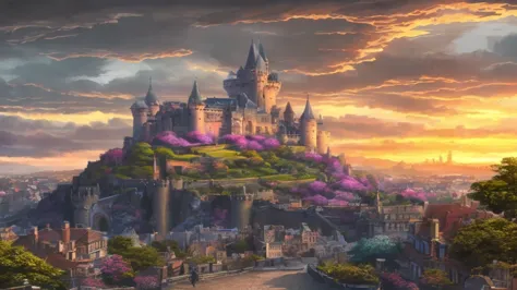 a medieval castle in the background of a city, illustration, 8k, ultra detailed, hyperrealistic, dramatic lighting, fantasy land...