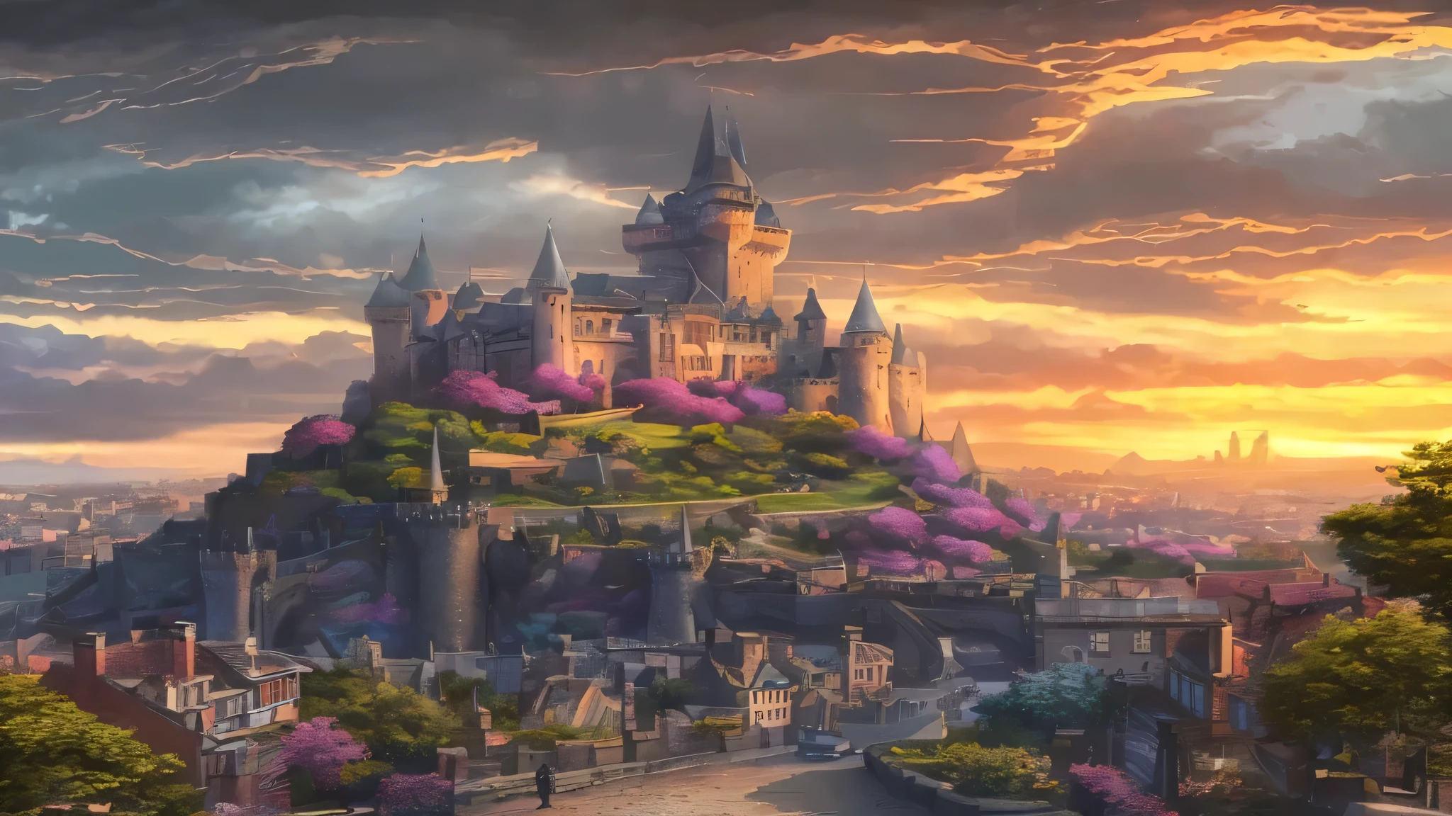 a medieval castle in the background of a city, illustration, 8k, ultra detailed, hyperrealistic, dramatic lighting, fantasy landscape, intricate architecture, cobblestone streets, bustling city, cloudy sky, atmospheric, vibrant colors, cinematic composition