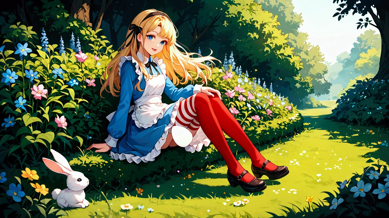 score_9, score_8_up, score_7_up, rating_safe, (masterpiece:1.2), (best quality:1.2), 1girl, solo, blonde hair, long hair, bangs, blue eyes, smile, faint lips, open mouth, alice in wonderland, aqua dress, frilled dress, apron dress, black ribbon, long sleeves, frilled sleeves, black headband, hair ribbon, frilled skirt, red thighhighs, striped thighhighs, leg ribbon, strap shoes, flower, many flowers, rabbit