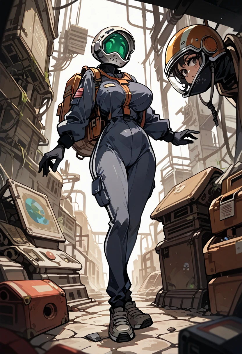 Masterpiece , best quality , Masterpiece , best quality , 1 woman , astronaut suit , wear a helmet , big breasts , abdomen , Beautiful legs , Seductive poses , shoe , full body , abandoned factory 